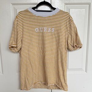 GUESS Men's Mustard and White Striped Tee